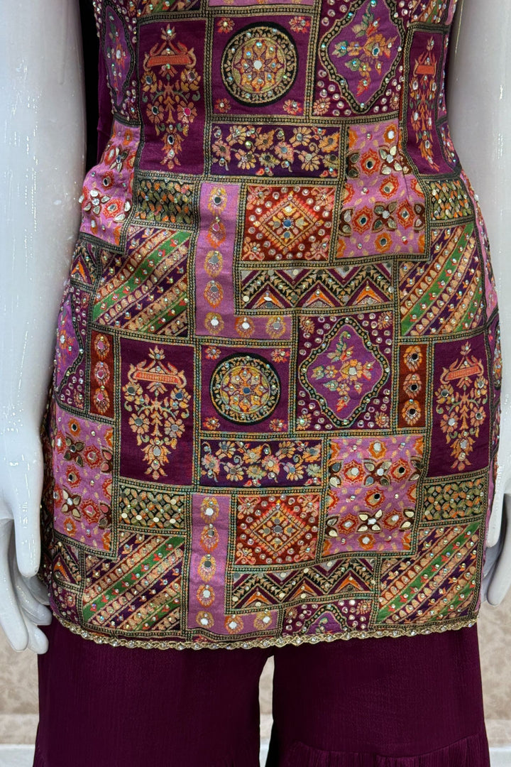 Wine Stone, Mirror and Banaras work with Digital Print Sharara Salwar Suit