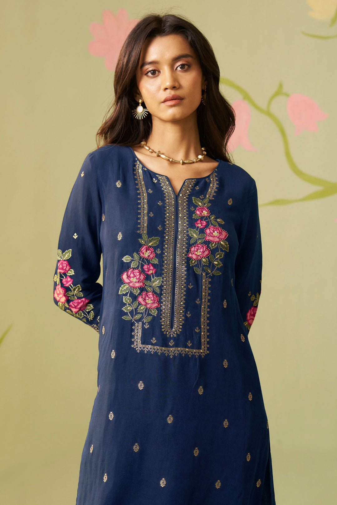 Navy Blue Embroidery, Banaras and Beads work Straight Cut Salwar Suit