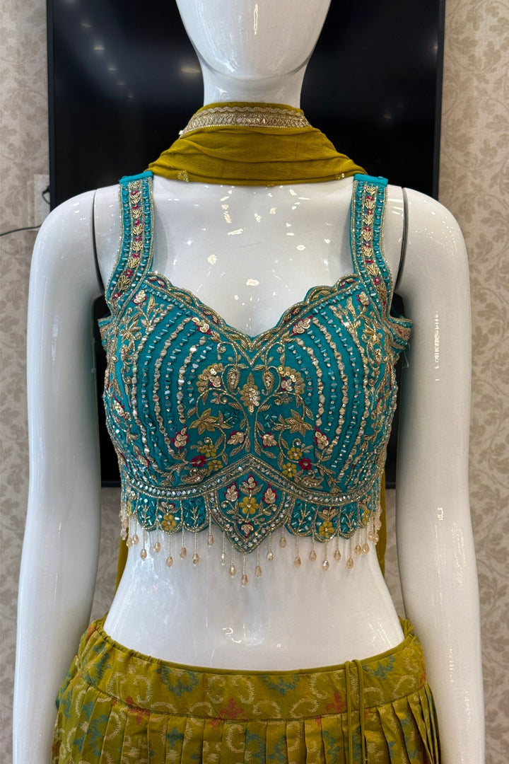 Rama Blue with Olive Green Mirror, Stone, Beads and Banaras work Lehenga