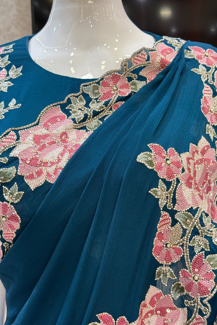 Peacock Green Embroidery, Sequins, Pearl and Zari work Saree