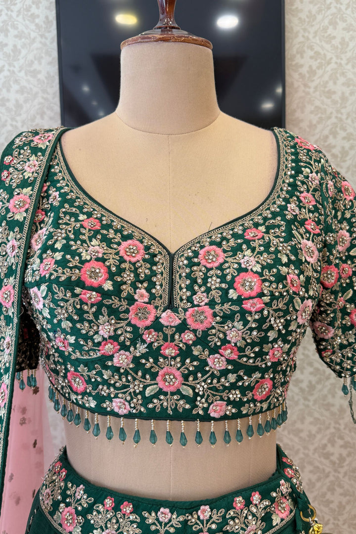 Bottle Green Bridal Lehenga with Pink Dupatta and Stone, Embroidery work