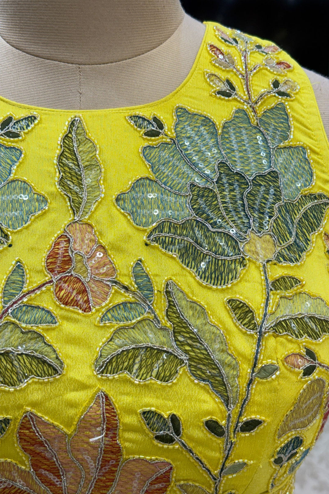 Yellow Multicolor Thread, Beads, Zari Thread and Sequins work Crop Top Lehenga