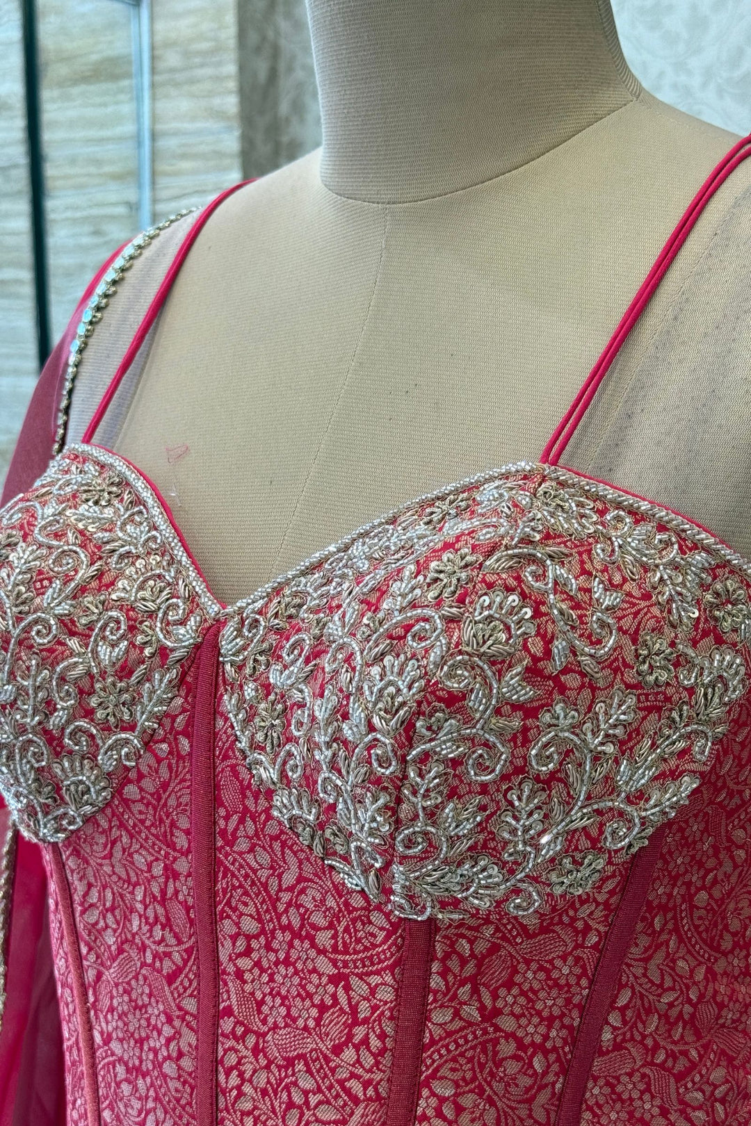 Rani Pink Brocade, Beads, Zardozi and Sequins work Corset Top with Lehenga