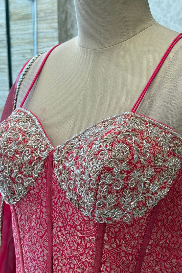 Rani Pink Brocade, Beads, Zardozi and Sequins work Corset Top with Lehenga