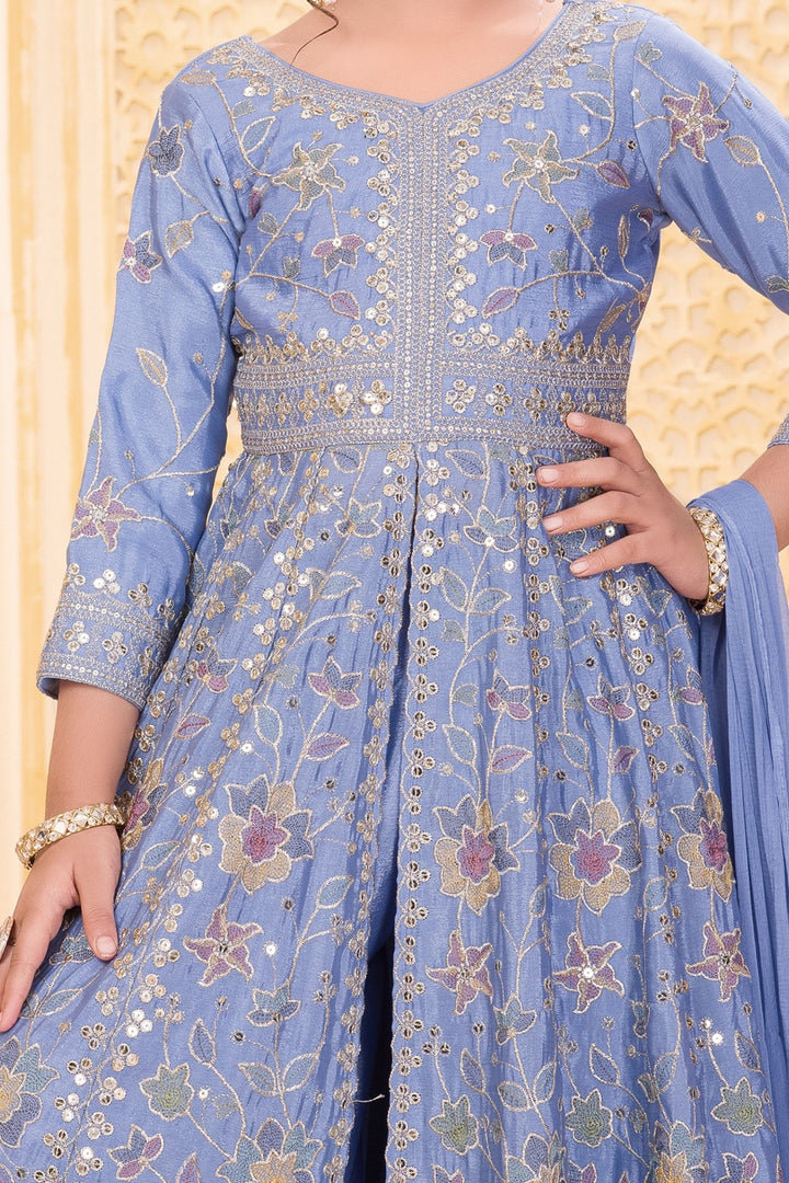 Blue Zari, Sequins and Multicolor Thread work Palazzo Suit Set for Girls