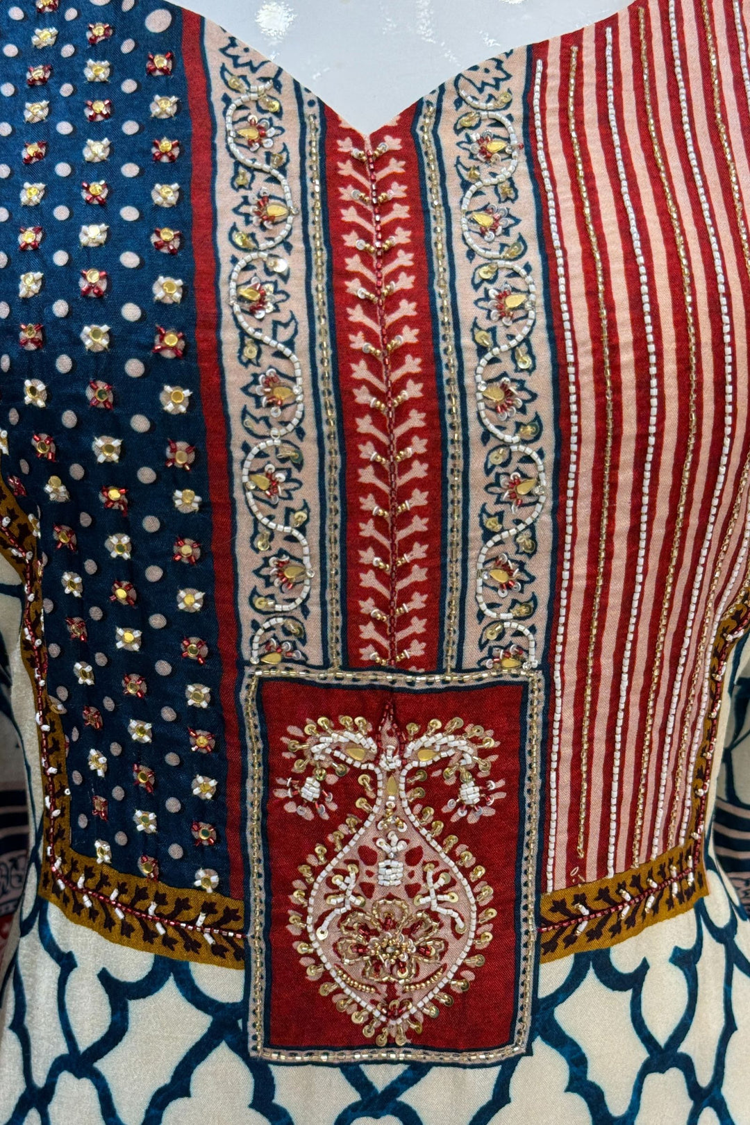 Cream with Peacock Blue Beads and Mirror work with Ajrakh Print Straight Cut Salwar Suit