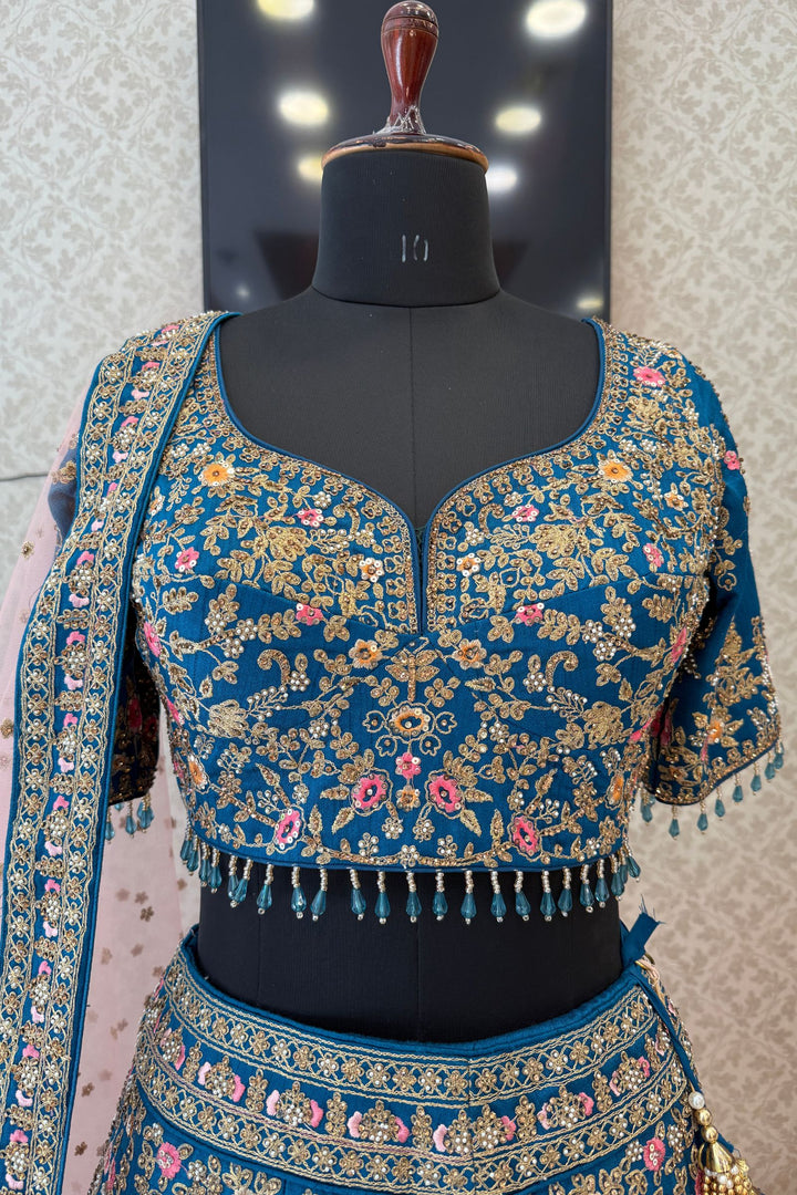 Rama Blue Bridal Lehenga with Pink Dupatta and Stone, Pearl and Zari work work