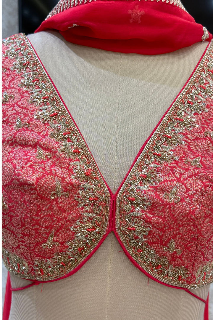 Red Brocade, Beads, Zari, Zardozi and Sequins work Crop Top Lehenga