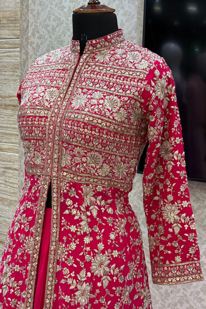 Rani Pink Embroidery and Sequins work Mastani Styled Long Top Lehenga