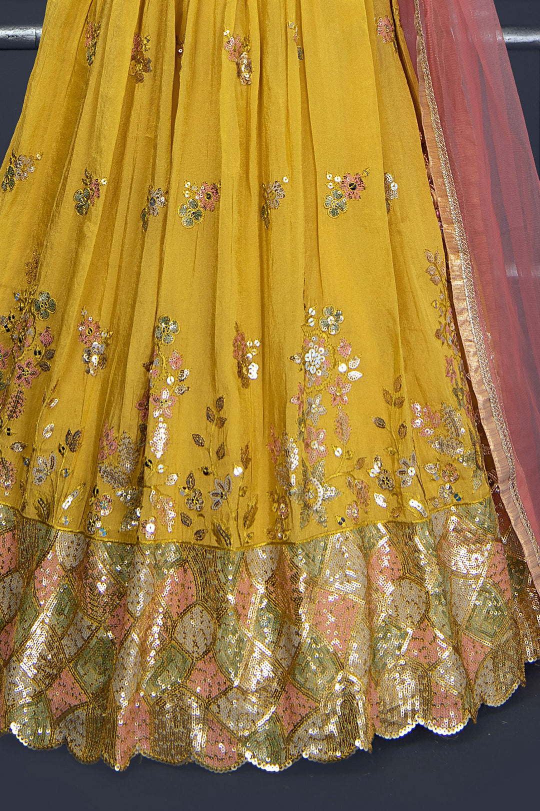 Mustard Sequins, Thread and Beads work Lehenga Choli for Girls