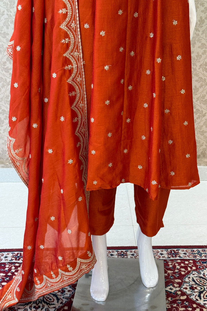 Orange Zari, Zardozi, Sequins and Stone work A-line Cut Salwar Suit