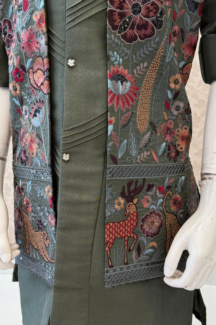 Green Multicolor Thread and Sequins work Waist Coat Kurta Set for Boys