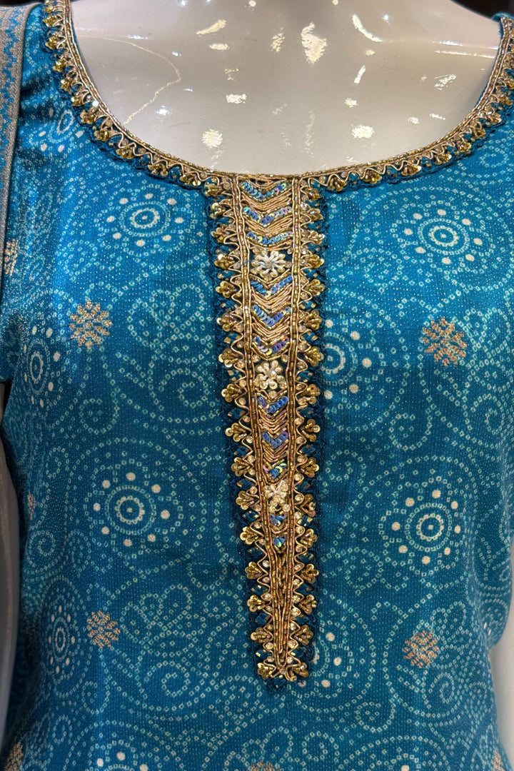 Rama Blue Zari Weaving and Banaras work with Bandini Print Straight Cut Salwar Suit