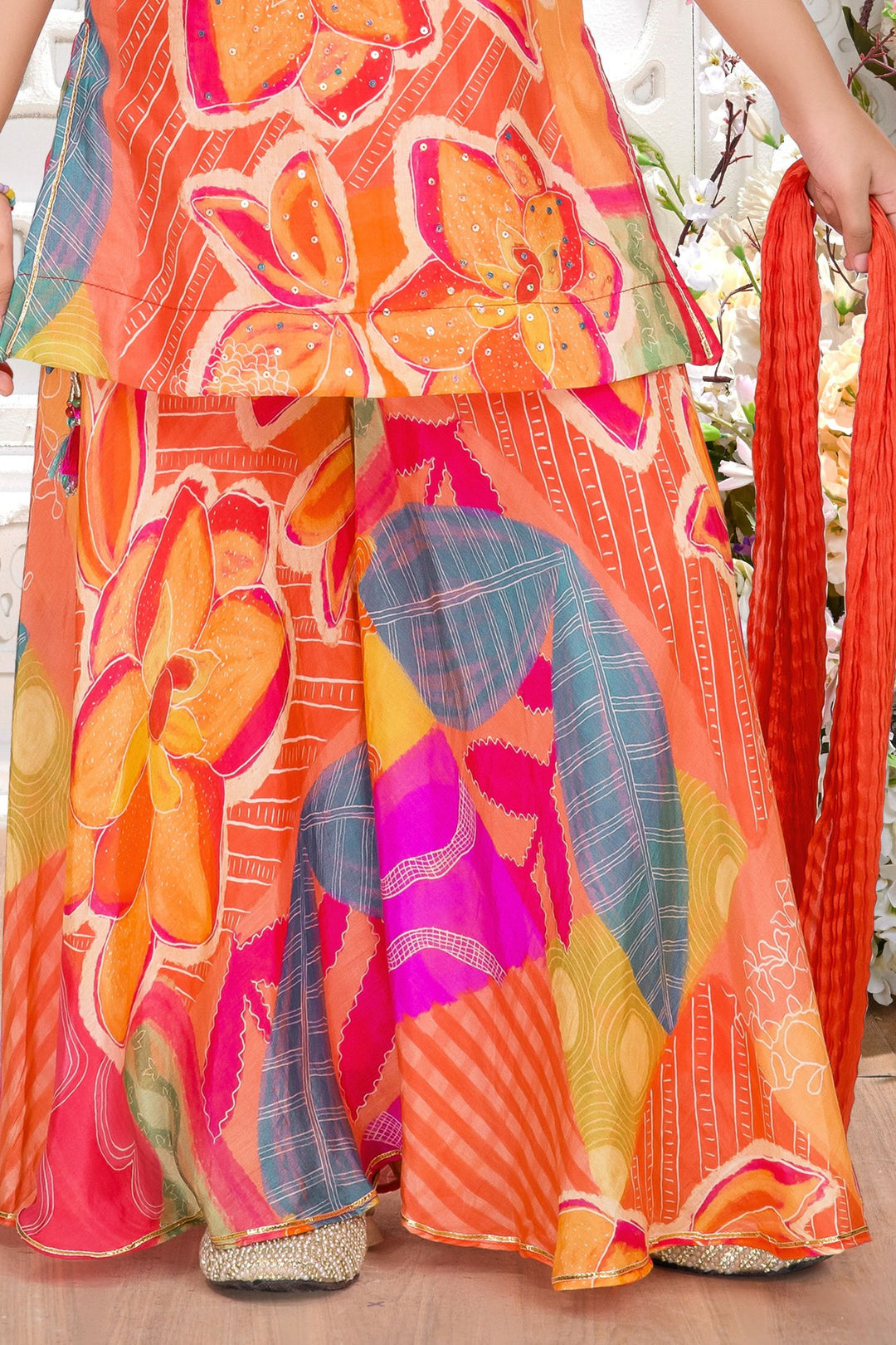 Orange Sequins work with Multicolor Digital Print Palazzo Set For Girls