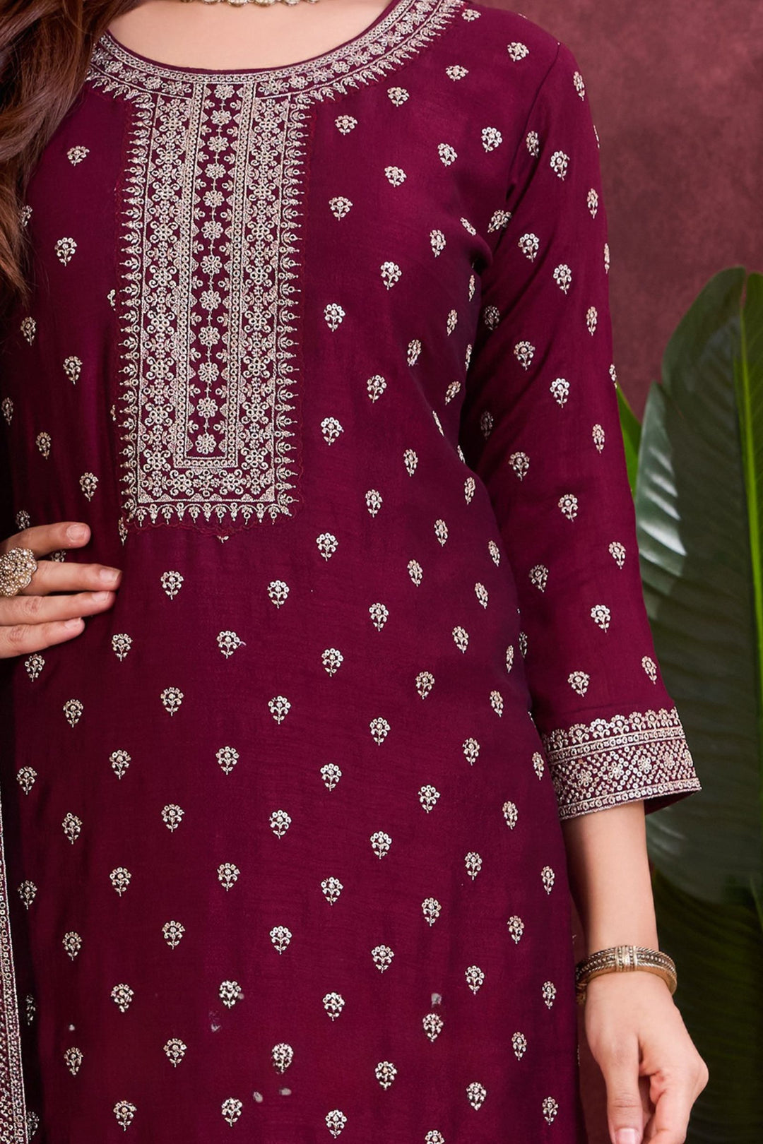 Wine Sequins and Zari work Straight Cut Salwar Suit