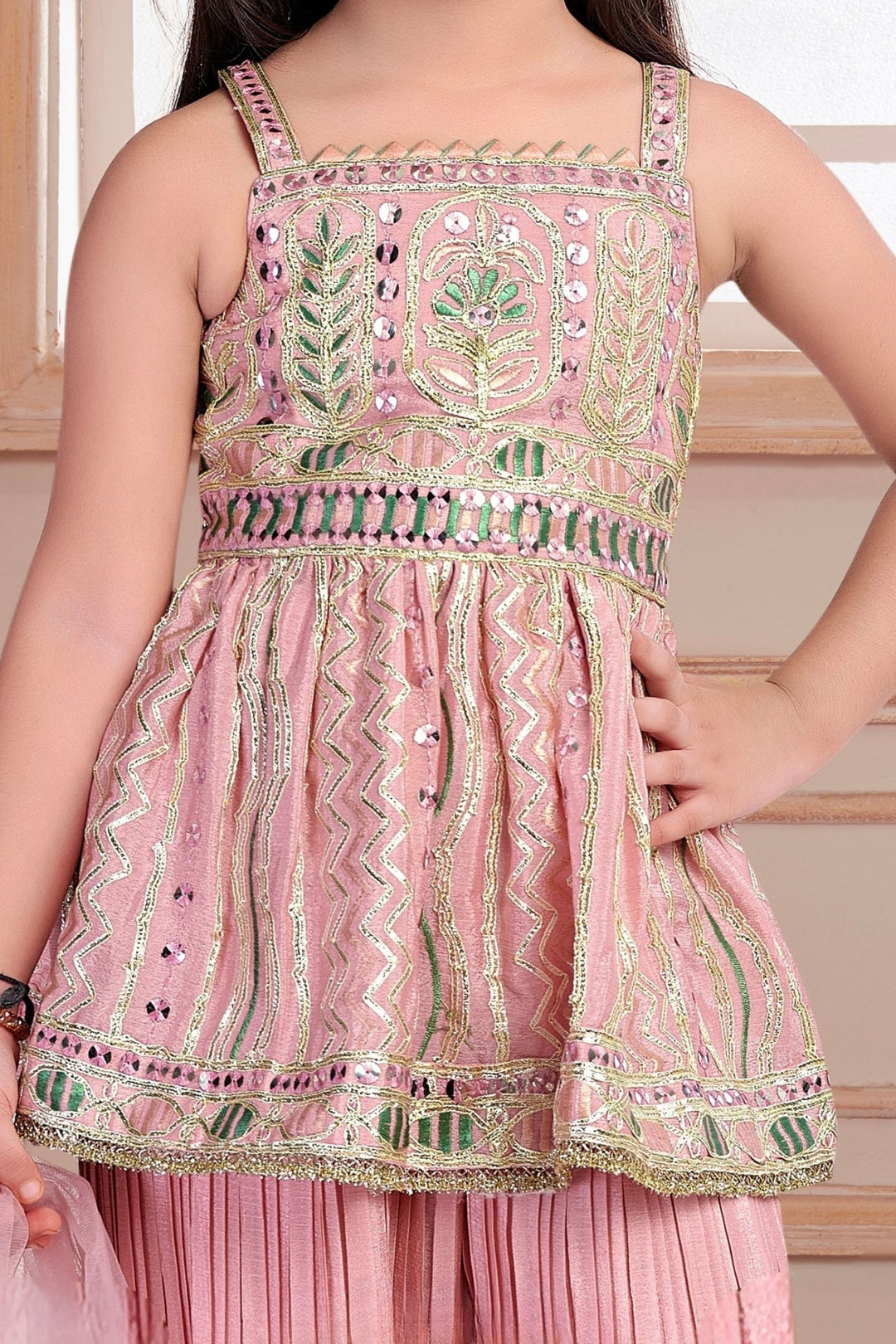 Baby Pink Sequins, Thread and Zari work Joggers Set for Girls