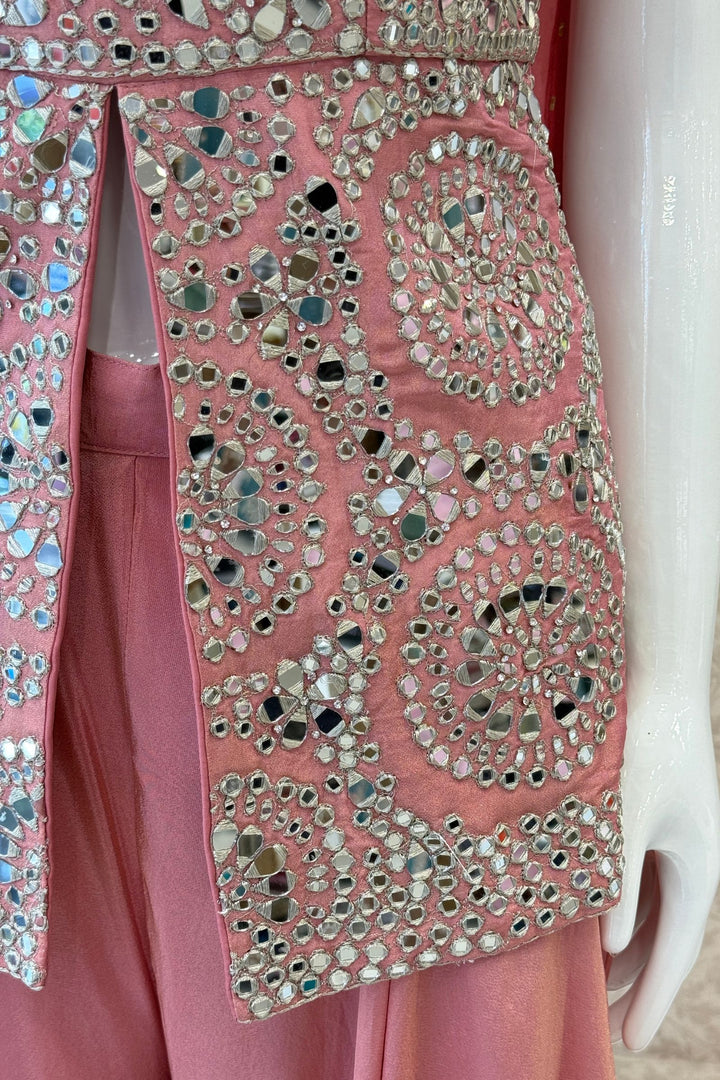 Pink Mirror, Zari and Stone work Top with Palazzo Pant Set