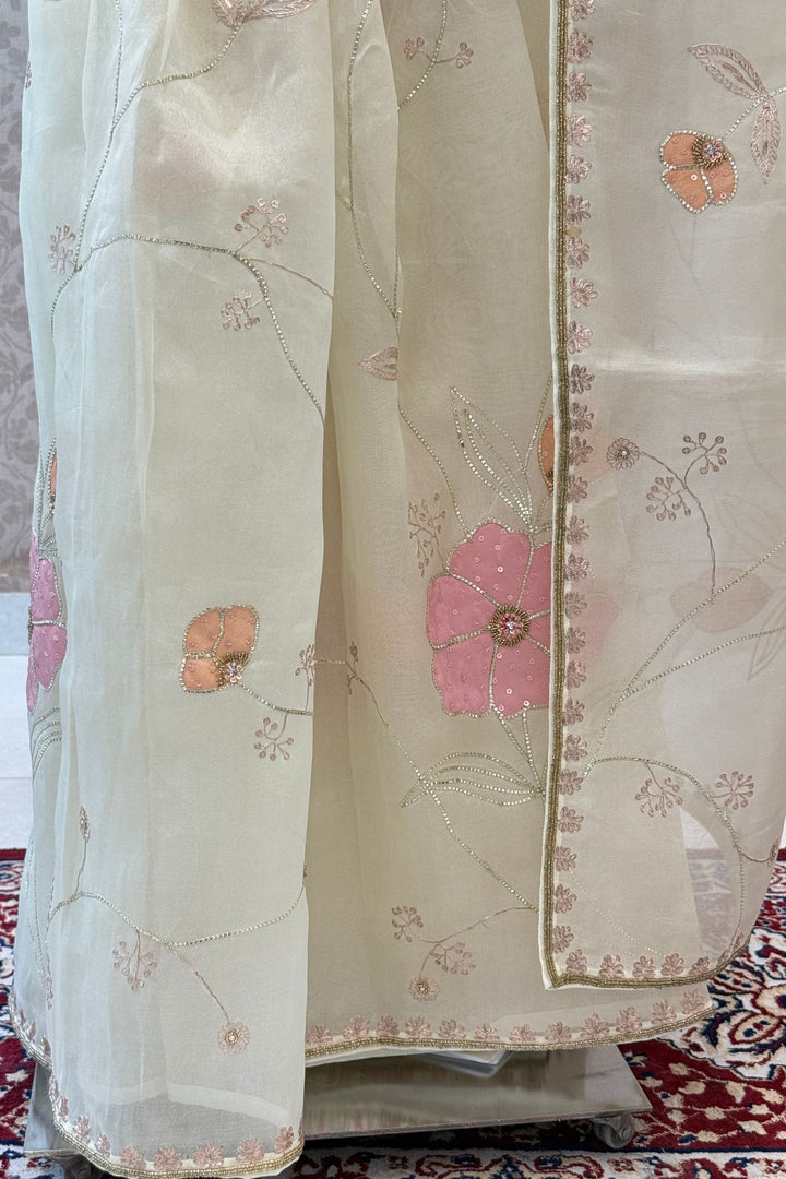 Elegant Cream Organza Saree with Pink Handcrafted Floral Applique