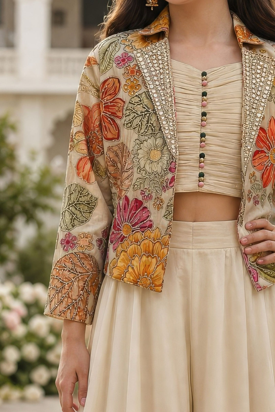 Beige Floral Print, Zari, Sequins, Beads and Mirror work Jacket Styled Palazzo Set for Girls