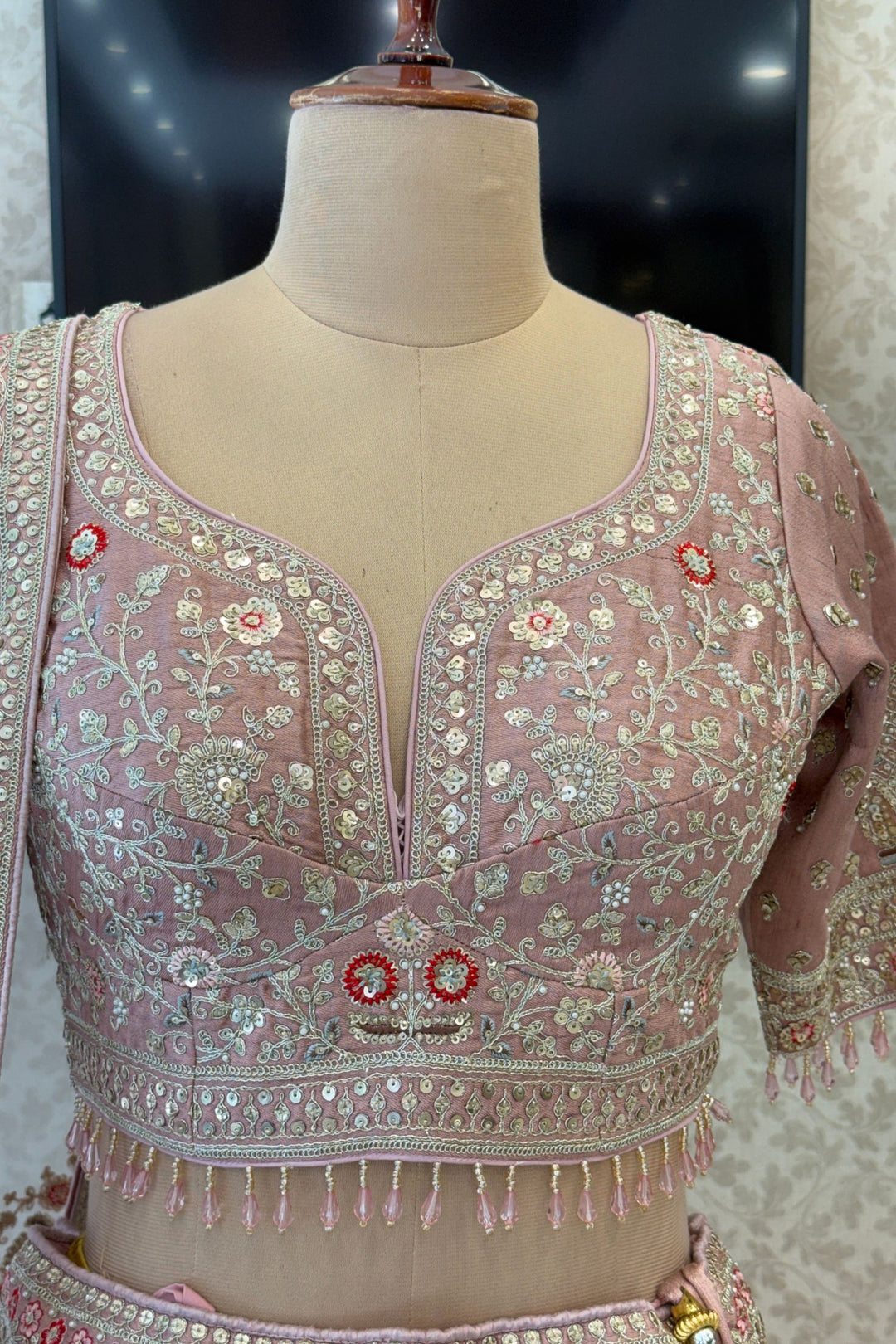 Cream and Blush Pink Bridal Lehenga with Intricate Sequins, Zari, Pearl, Beads and Stone