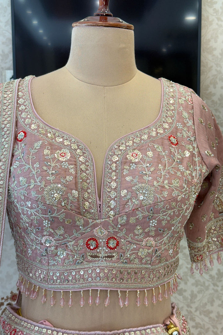 Cream and Blush Pink Bridal Lehenga with Intricate Sequins, Zari, Pearl, Beads and Stone