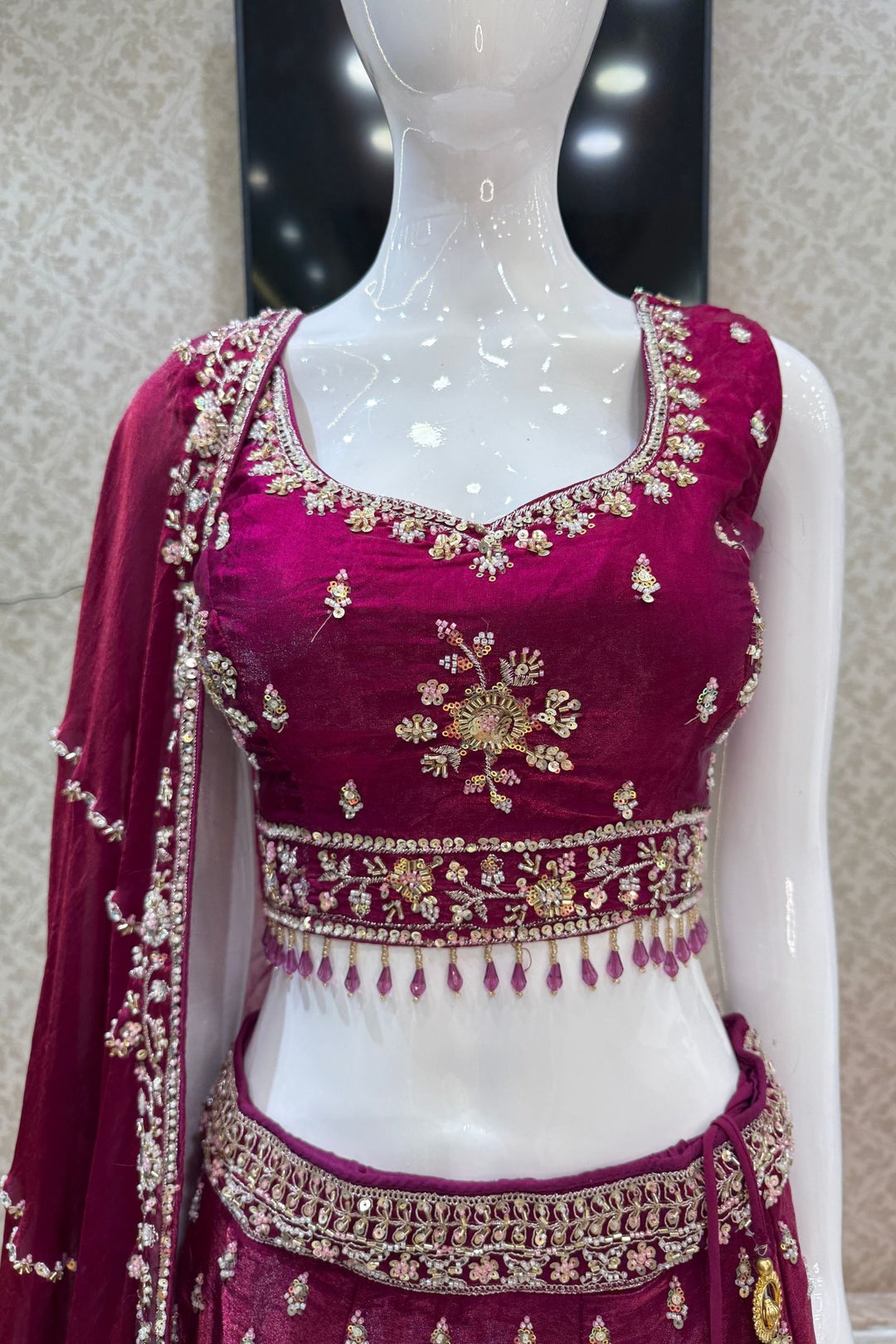 Magenta Beads, Zari and Sequins work Crop Top Bridal Lehenga