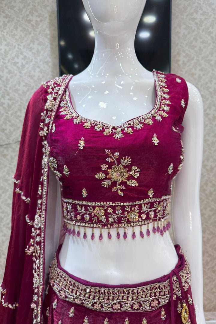 Magenta Beads, Zari and Sequins work Crop Top Bridal Lehenga