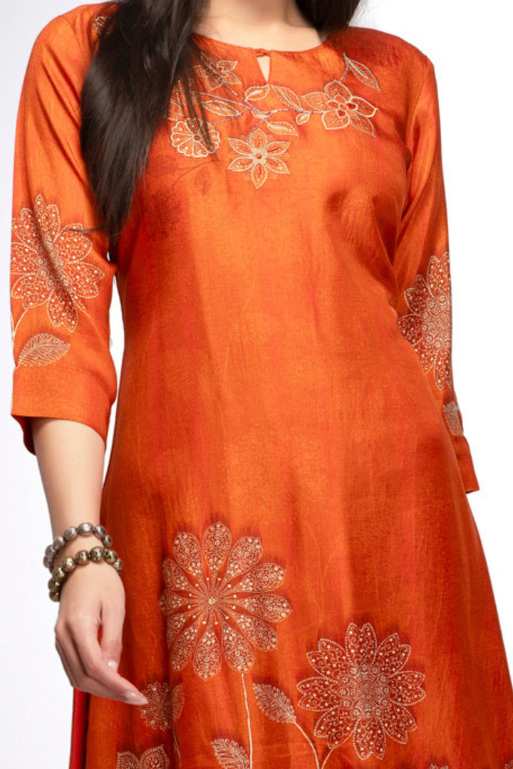 Orange Thread, Beads and Stone work with Floral Print Calf Length Kurti