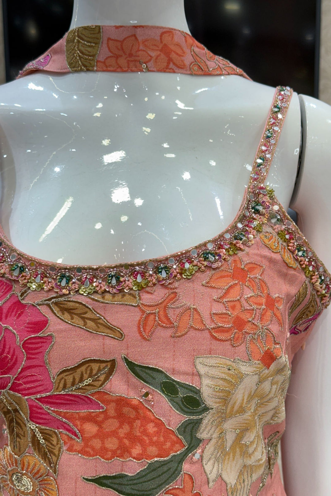 Peach Mirror, Sequins, Zari and Beads work with Floral Print Palazzo Salwar Suit