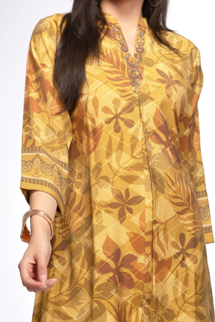 Mustard Beads, Sequins and Zardozi work with Digital Print A-Line Cut Calf Length Kurti