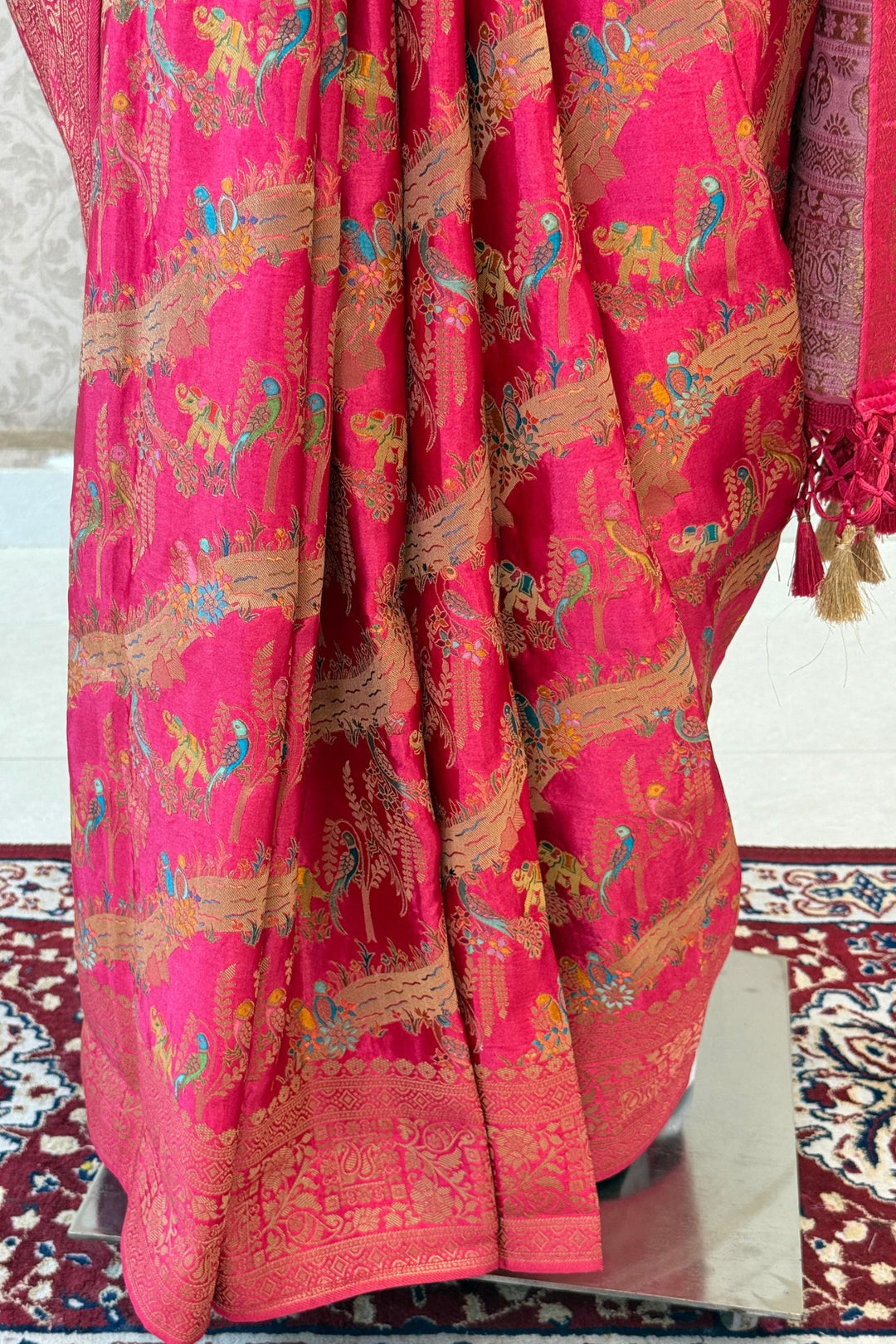 Rani Pink Saree Featuring Heritage Wildlife and Floral Banaras