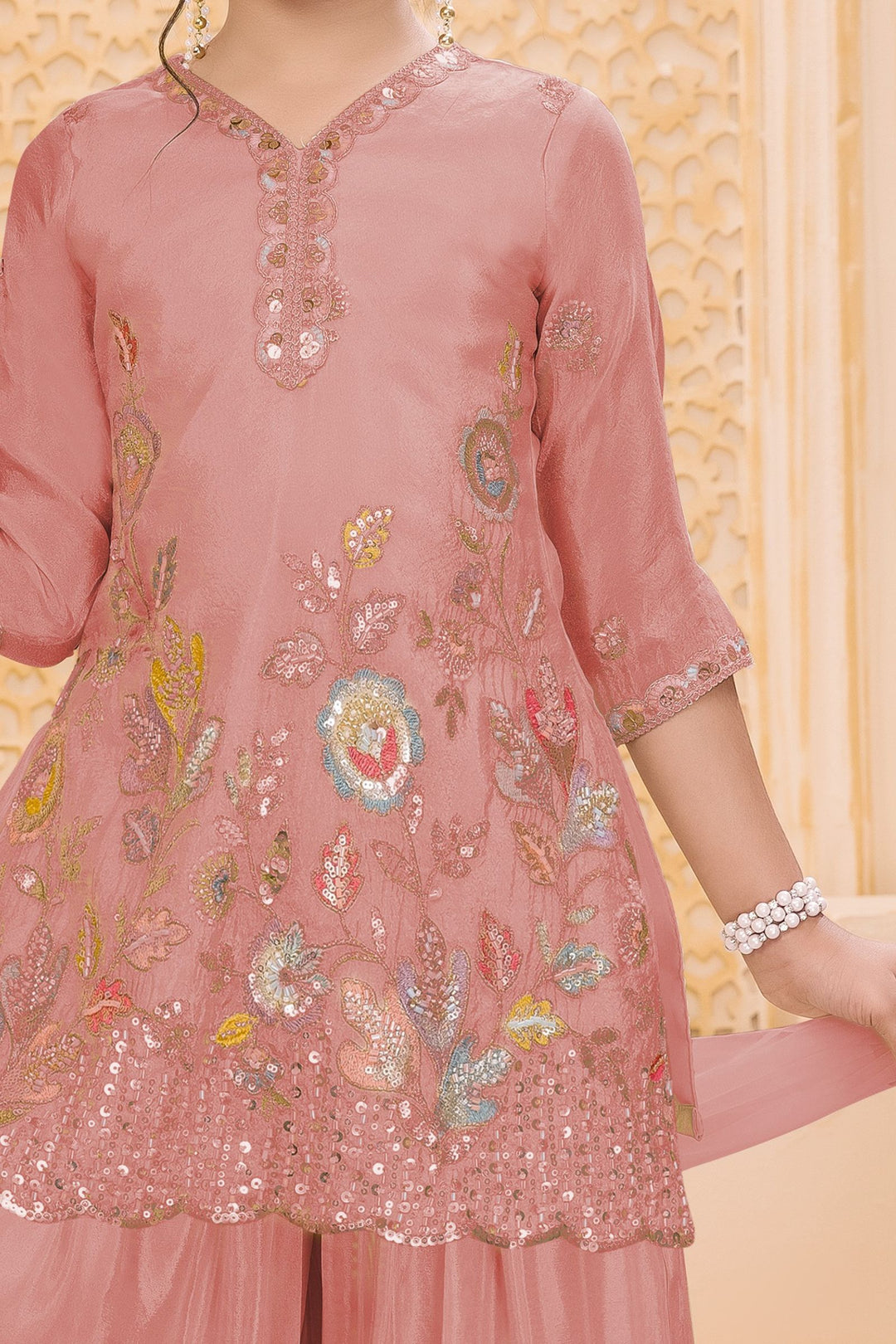 Peach Sequins, Zari and Multicolor Thread work Palazzo Suit Set for Girls