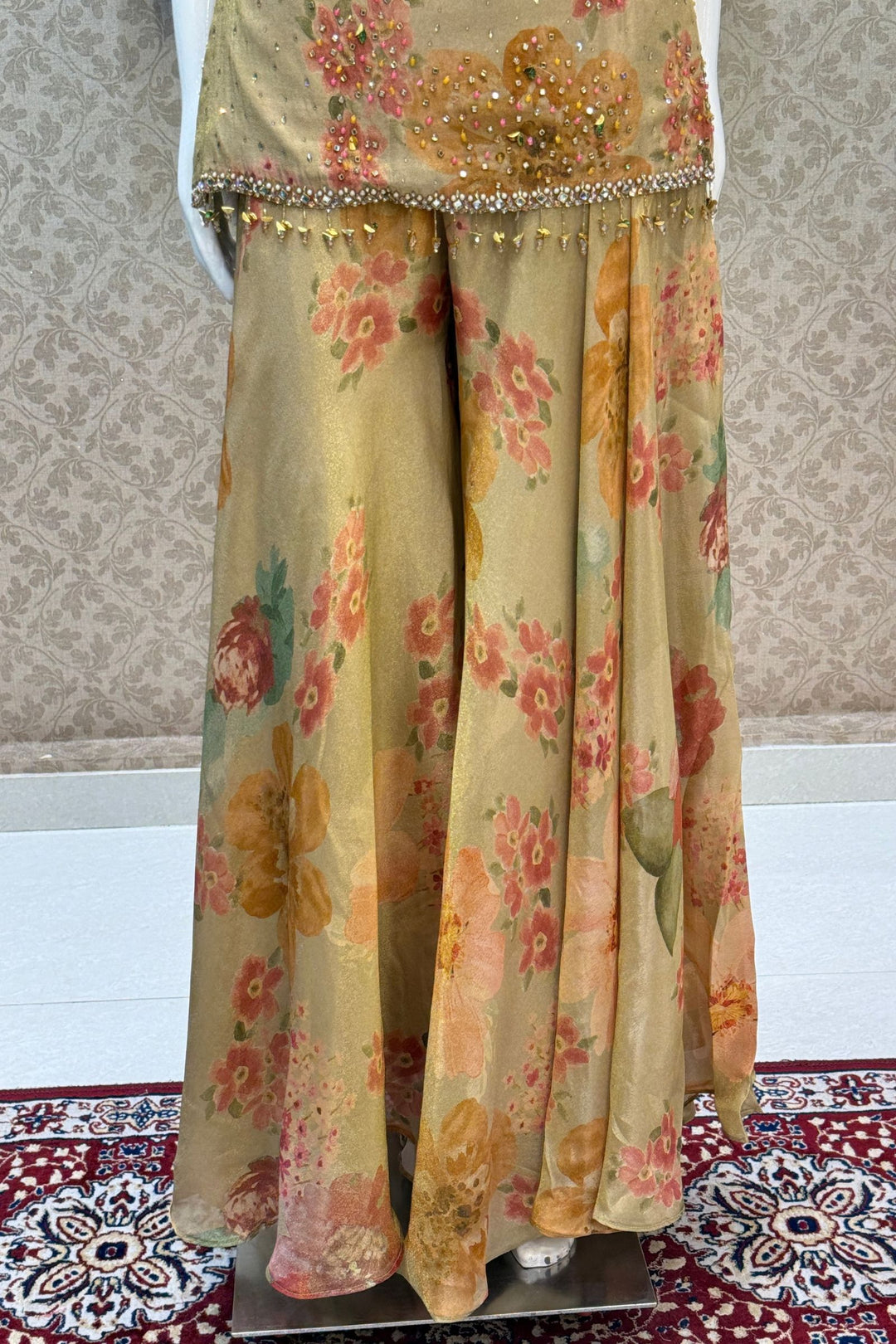 Light Beige Stone, Beads and Kundan work with Floral Print Palazzo Salwar Suit
