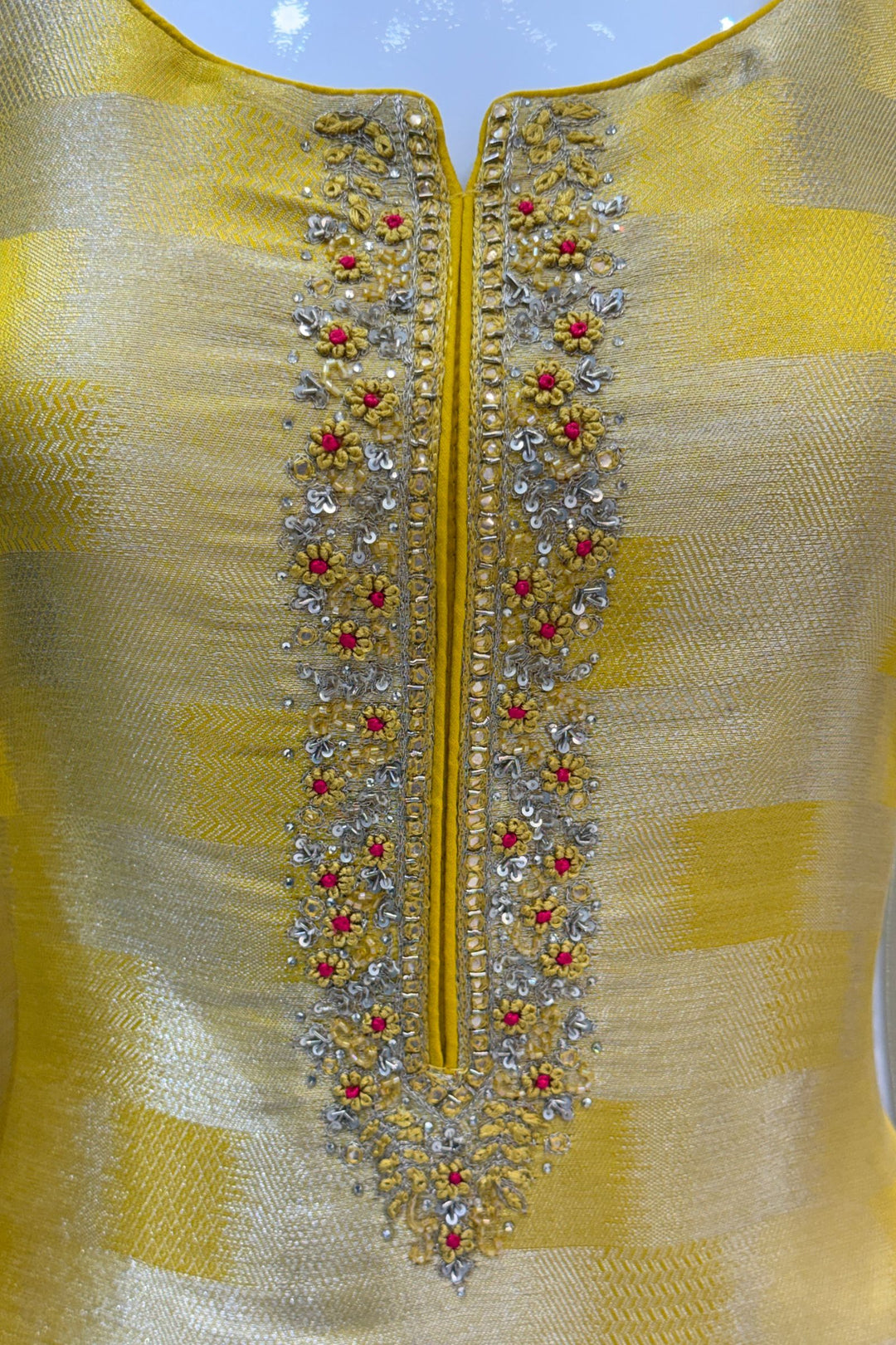 Yellow Banaras, Stone, Thread, Zardozi and Sequins work Straight Cut Salwar Suit