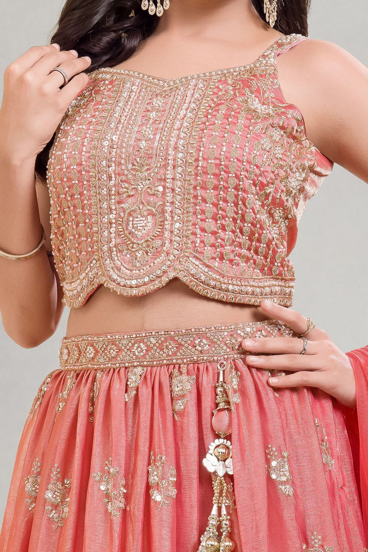 Peach Beads, Zari, Sequins and Pearl work Lehenga Choli for Girls