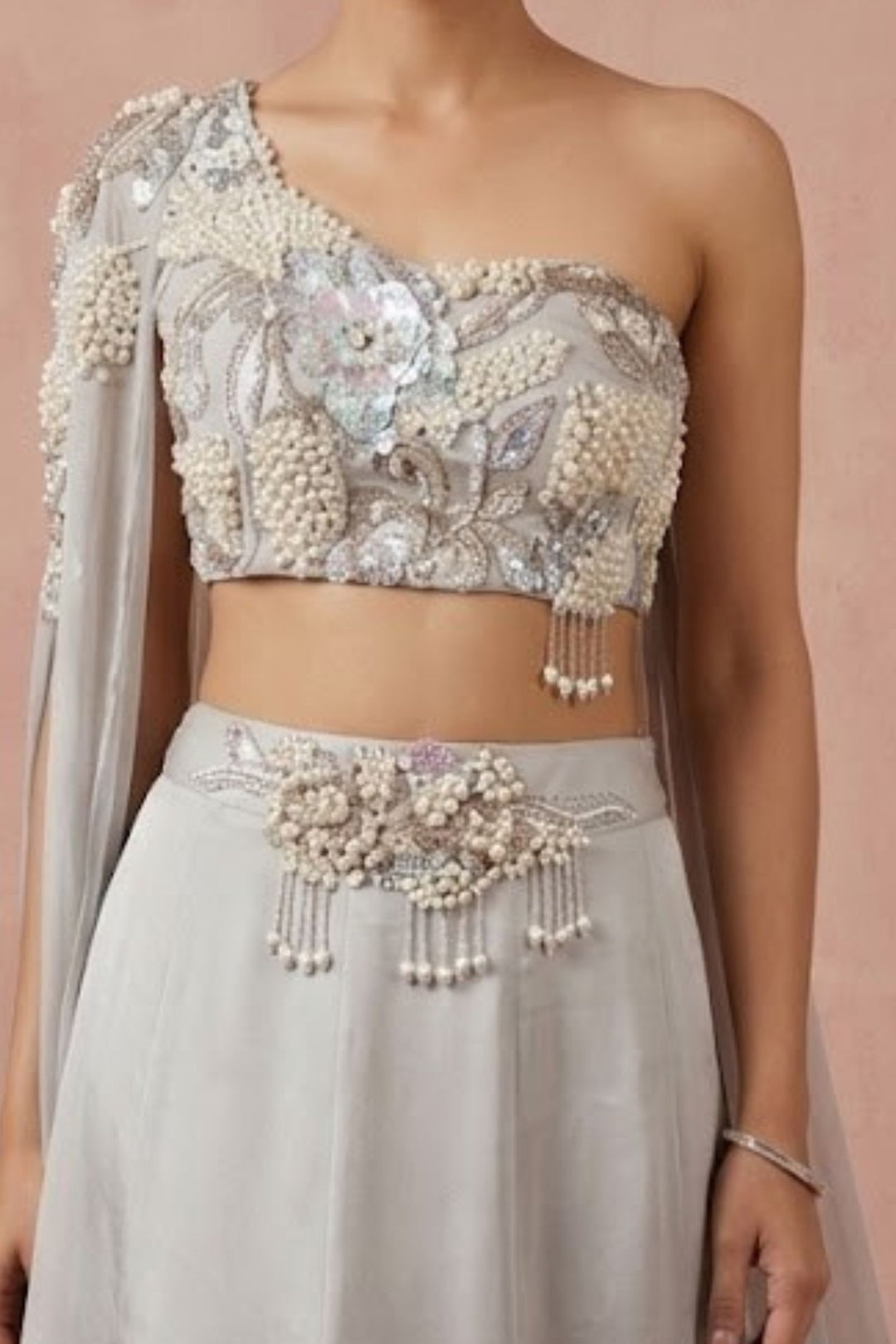 Grey Pearls, Sequins and Beads work Indo-Western Styled Lehenga