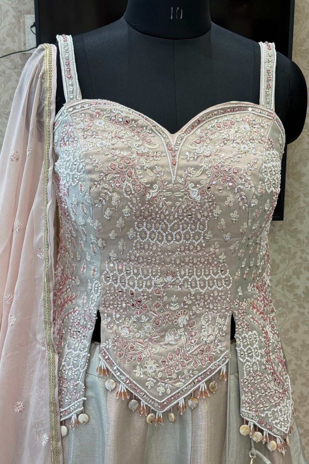 Grey with Peach Beads, Mirror, Stone, Sequins and Thread work Peplum Style Lehenga