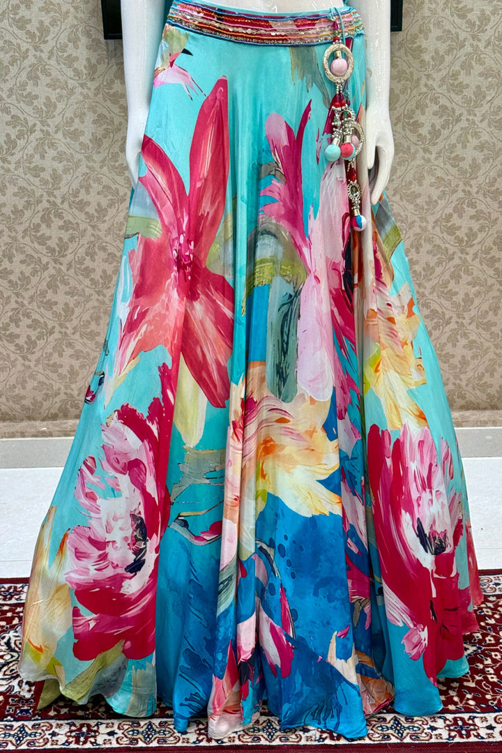 Blue Sequins and Beads work with Floral Print Lehenga