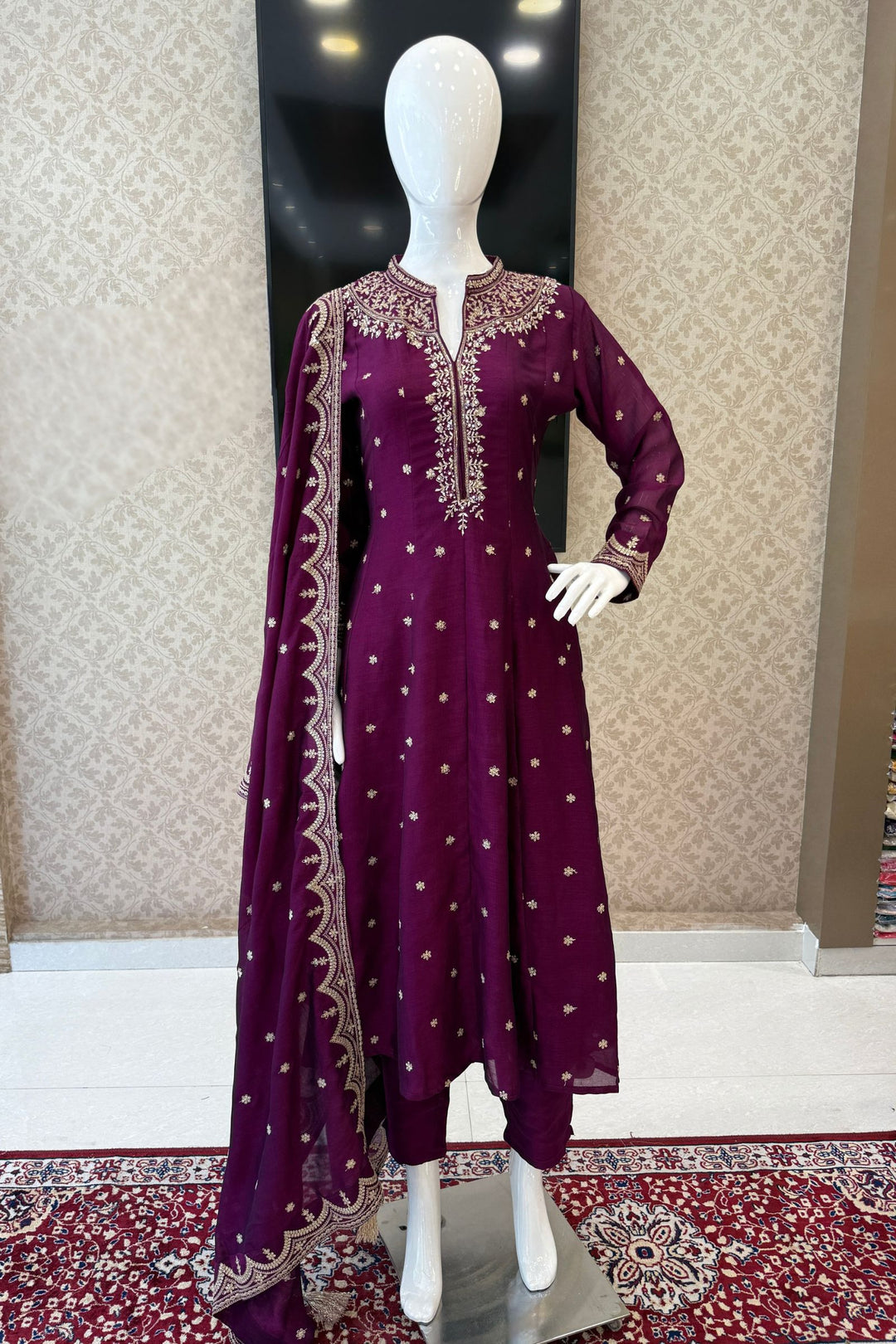 Wine Zari, Zardozi, Sequins and Stone work A-line Cut Salwar Suit