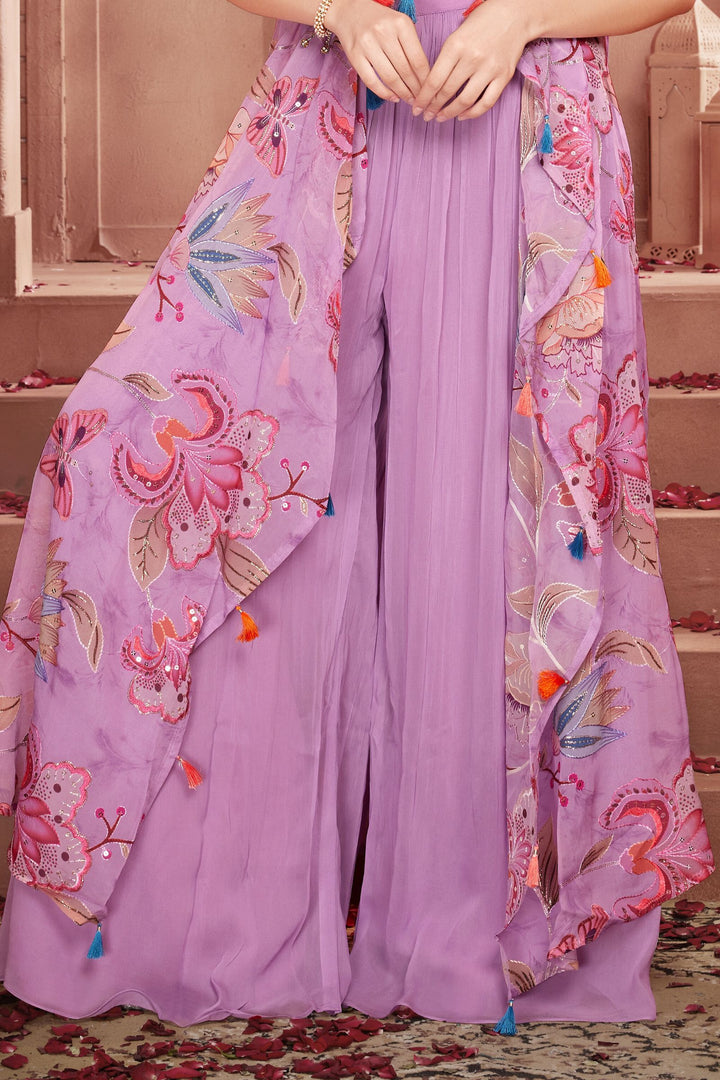 Lavender Beads and Sequins work with Digital Print Overcoat Styled Palazzo Set for Girls