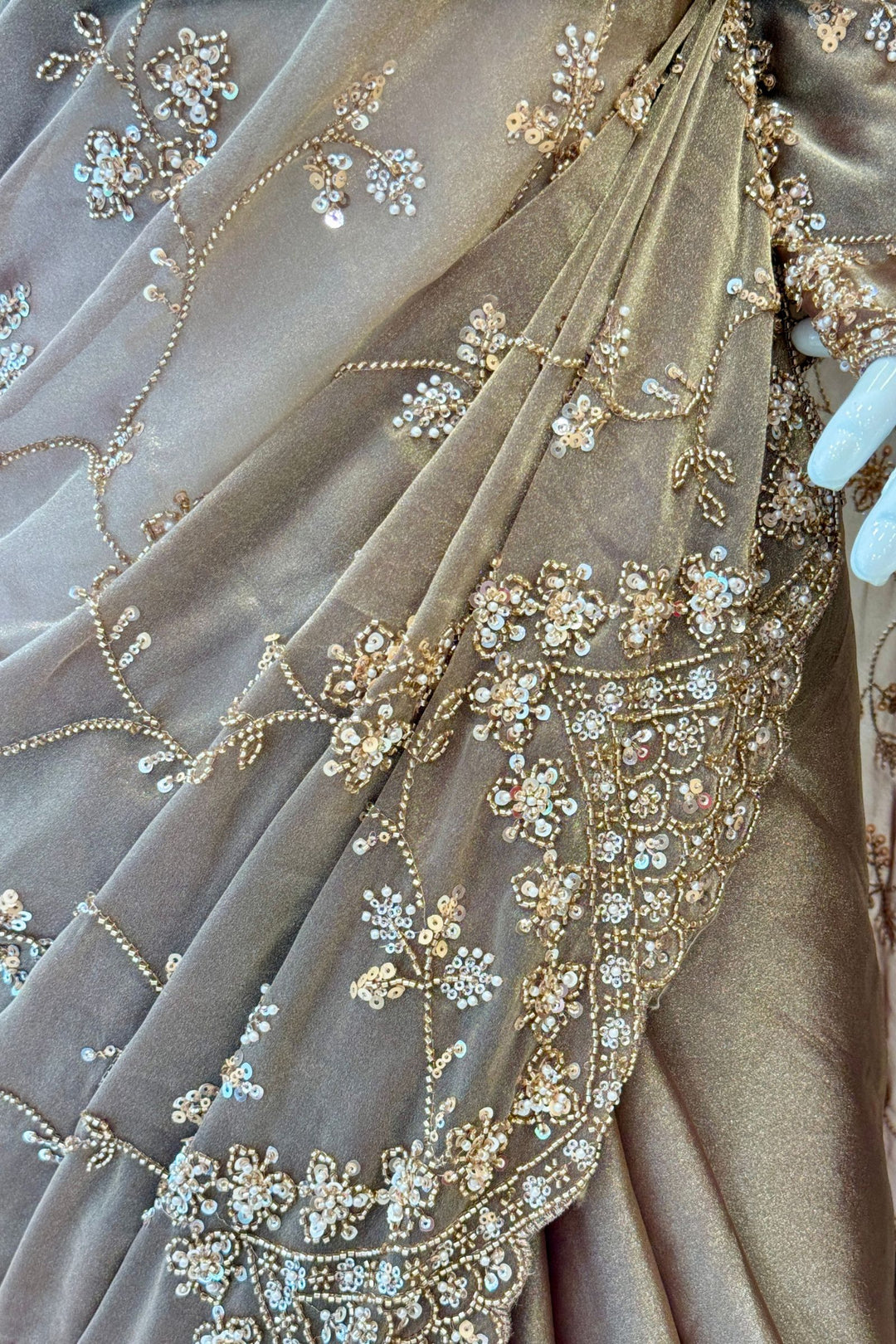 Dark Chiku Saree with Intricate Sequin &amp; Beaded Embroidery and Scalloped Border