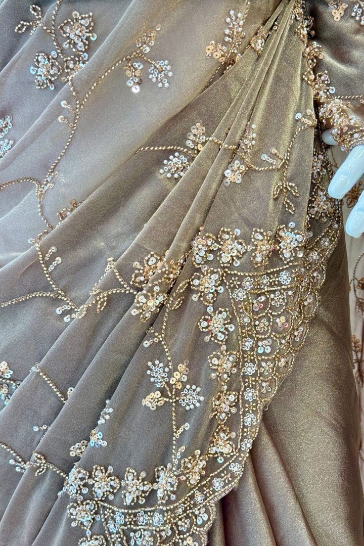 Dark Chiku Saree with Intricate Sequin &amp; Beaded Embroidery and Scalloped Border