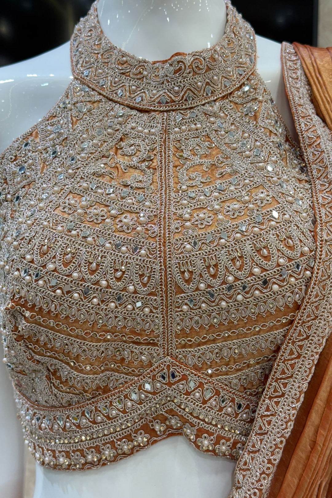 Orange Readymade Saree with Pearl, Zari Thread, Mirror and Stone work Readymade Blouse