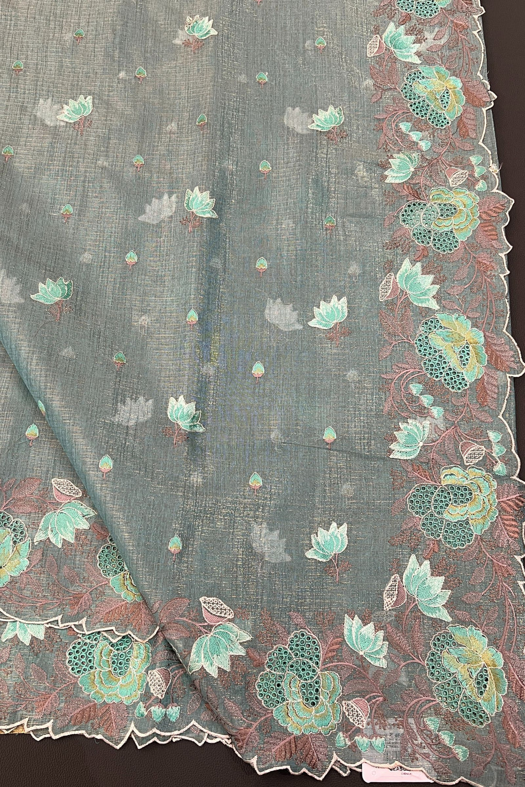 Rama Green Tissue Saree with Cutwork and Floral Embroidery work