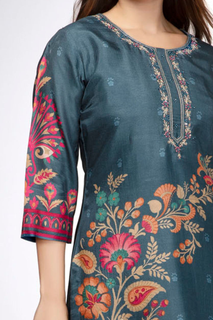 Teal Blue Beads and Mirror work with Floral Print Calf Length Kurti