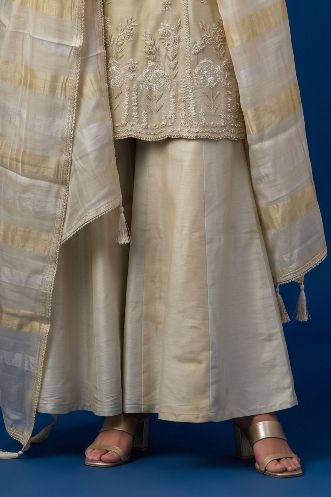 Light Grey with Gold Beads, Sequins, Zardozi and Zari work Palazzo Salwar Suit