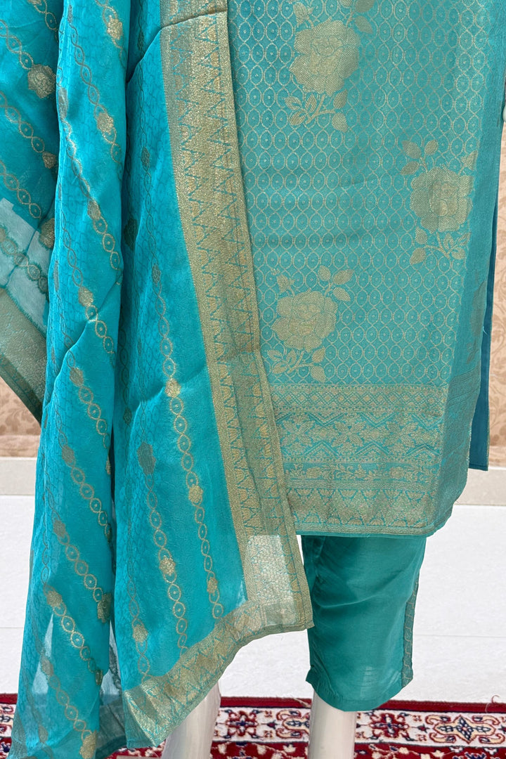 Rama Blue Banaras, Stone, Beads and Zardozi work Straight Cut Salwar Suit