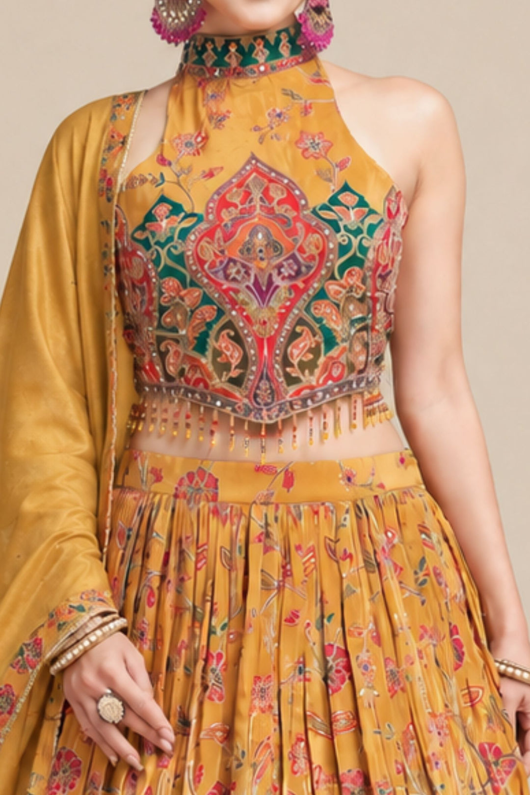 Mustard Stone, Mirror and Zari work with Floral Print Halter Neck Lehenga Set
