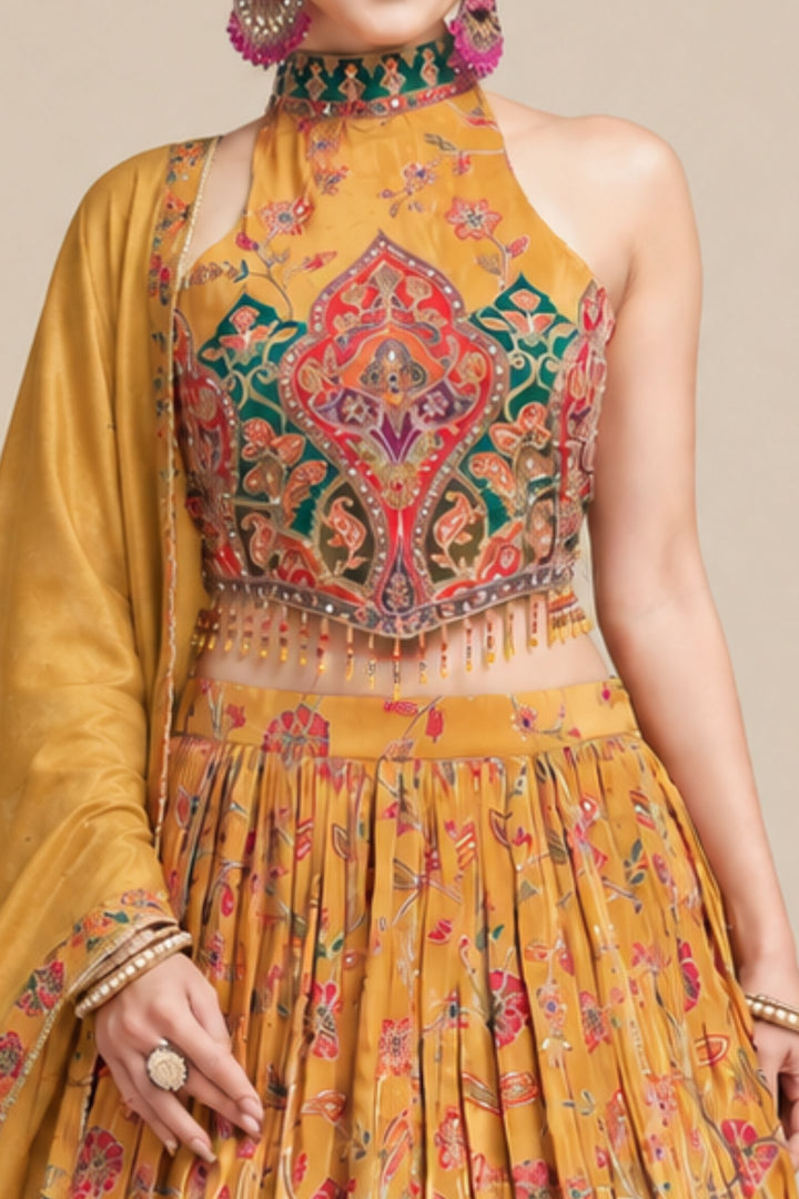 Mustard Stone, Mirror and Zari work with Floral Print Halter Neck Lehenga Set