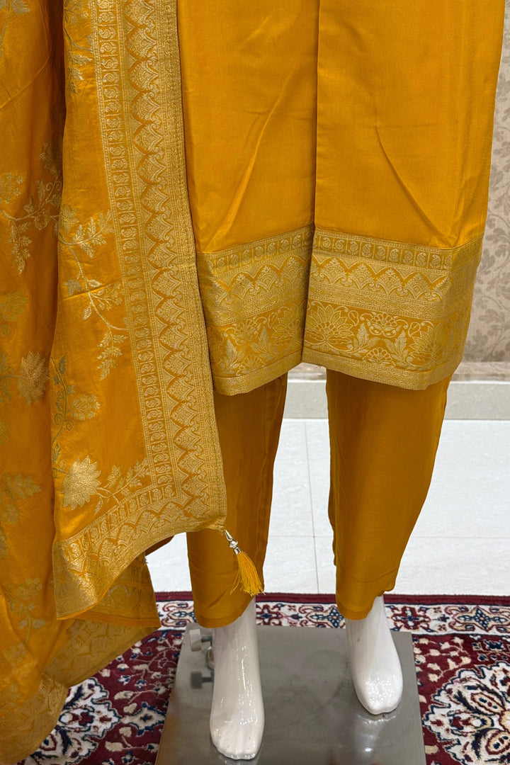 Yellow Straight Cut Salwar Suit with Stone, Mirror and Banaras work
